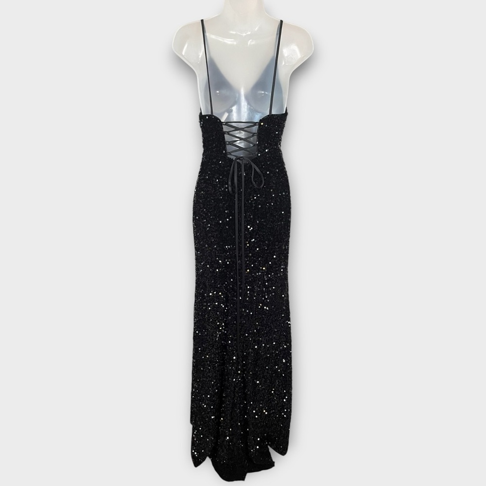 FULLY SEQUINED black maxi dress w/ lace up back & train size 2 formal black tie - Picture 4 of 8
